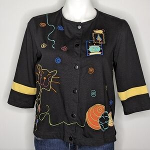 Onque Casuals black colorful embroidered cat, mouse, yarn button up cardigan S